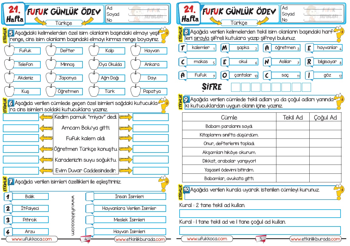 2.Sınıf FUFUK Günlük Ödev Serisi - 21.Hafta [ 2.Dönem 3.Hafta ]